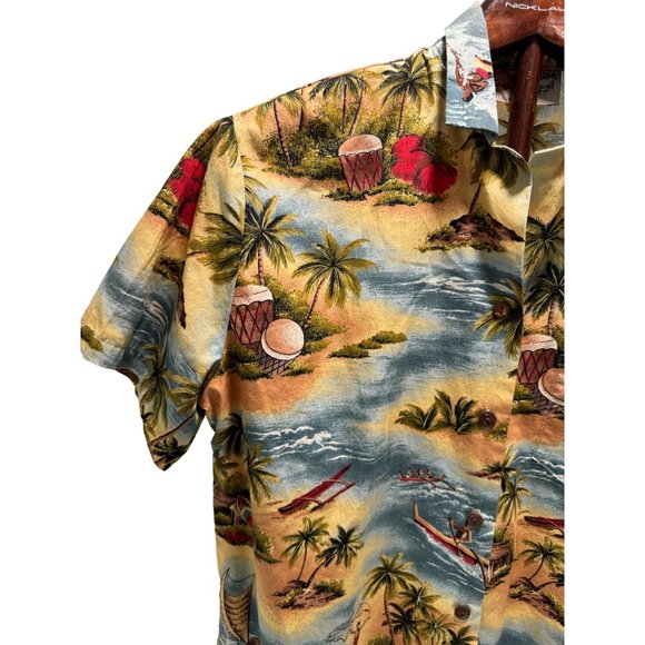 Vtg Hilo Hattie The Hawaii Original Palm Tree Boats Multicolor Hawaiian Shirt XS - Picture 3 of 7